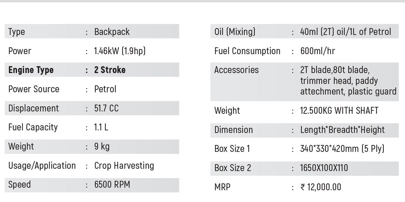 Neptune Back Pack Brush cutter BC-520 BPK, 52 CC 2 Stroke engine with paddy - Khethari