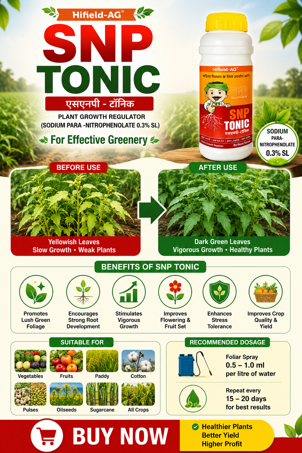 HIFIELD SNP-TONIC(Sodium para-nitroPhenolate 0.3 % SL) FOR EFFECTIVE GREENARY