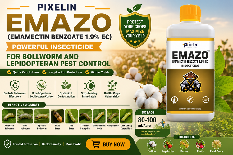 PIXELIN EMAZO (Emamectin Benzoate 1.9% EC) – Powerful Insecticide for Bollworm and Lepidopteran Pest Control
