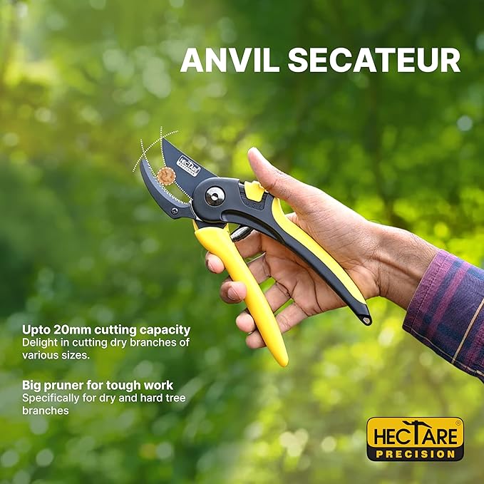 HECTARE Anvil Pruning Secateurs - Heavy Duty Garden Clippers for Dry & Hard Wood, Comfort Grip, Stainless Steel Blades, Ideal for Thicker Branches