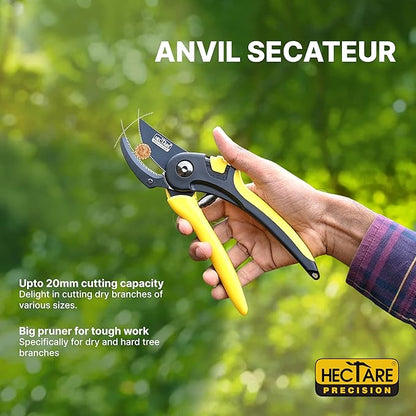 HECTARE Anvil Pruning Secateurs - Heavy Duty Garden Clippers for Dry & Hard Wood, Comfort Grip, Stainless Steel Blades, Ideal for Thicker Branches