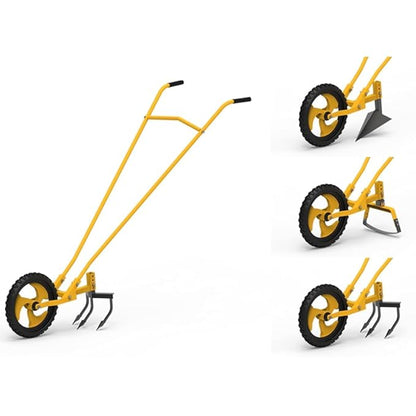 HECTARE Multi-Purpose Wheel Hoe with 7 Inch Weeder, 3 Tooth Cultivator, and Furrow Attachment - Adjustable Handle, Lightweight for Home Gardeners & Small Farms